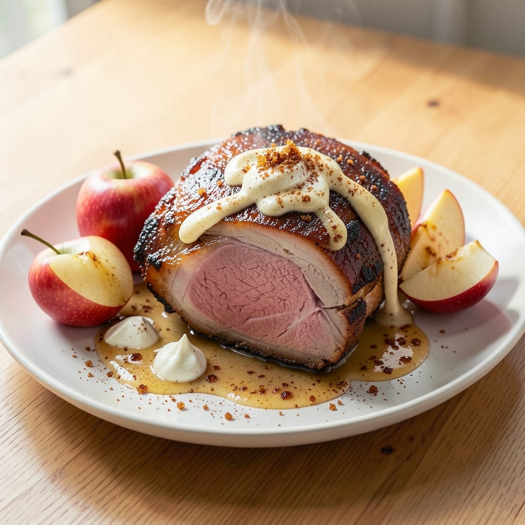 Apple Cinnamon Pork Roast Recipe: Spiced Apple Fondant Crown Over Juicy Meat