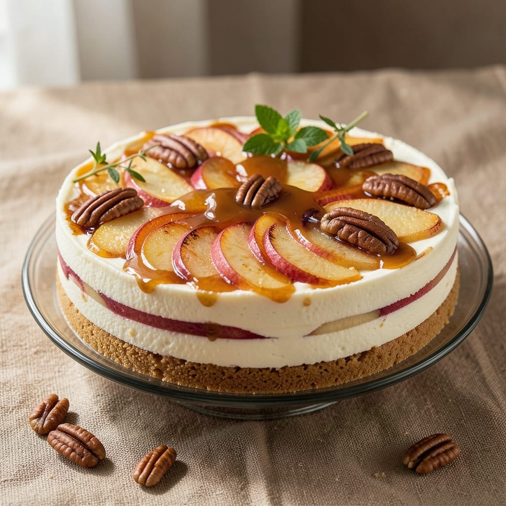 Apple Caramel Pecan Cheesecake Recipe: Crunchy Topping Layers Over Gooey Apple Filling